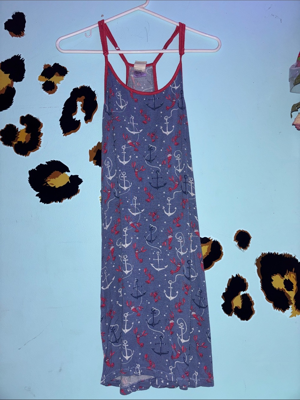 Large Nautical Anchor Print Slip Dress in Blue and Red